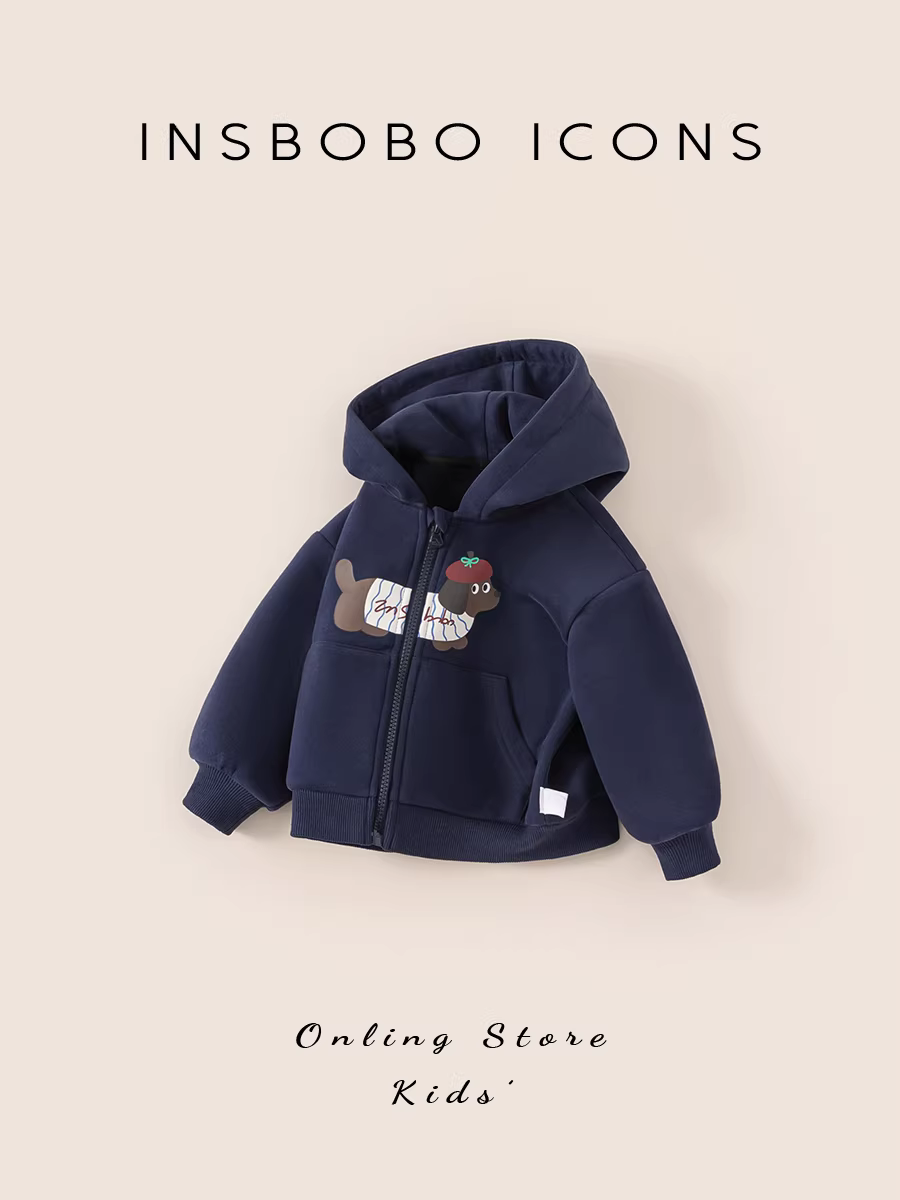 Áo khoác bé trai INSbobo mùa đông 2025 kiểu mới, lót lông cừu dày dặn, quần áo mùa đông trẻ em, áo sweatshirt trẻ em thời trang cho bé gái
