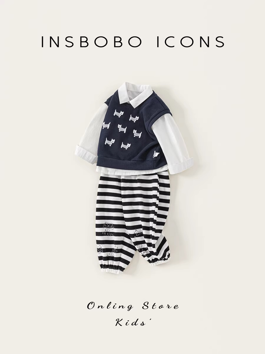 Bộ vest bé trai INSbobo thu đông 2025, bộ ba gồm áo vest, quần và áo sơ mi, thời trang trẻ em xuân thu