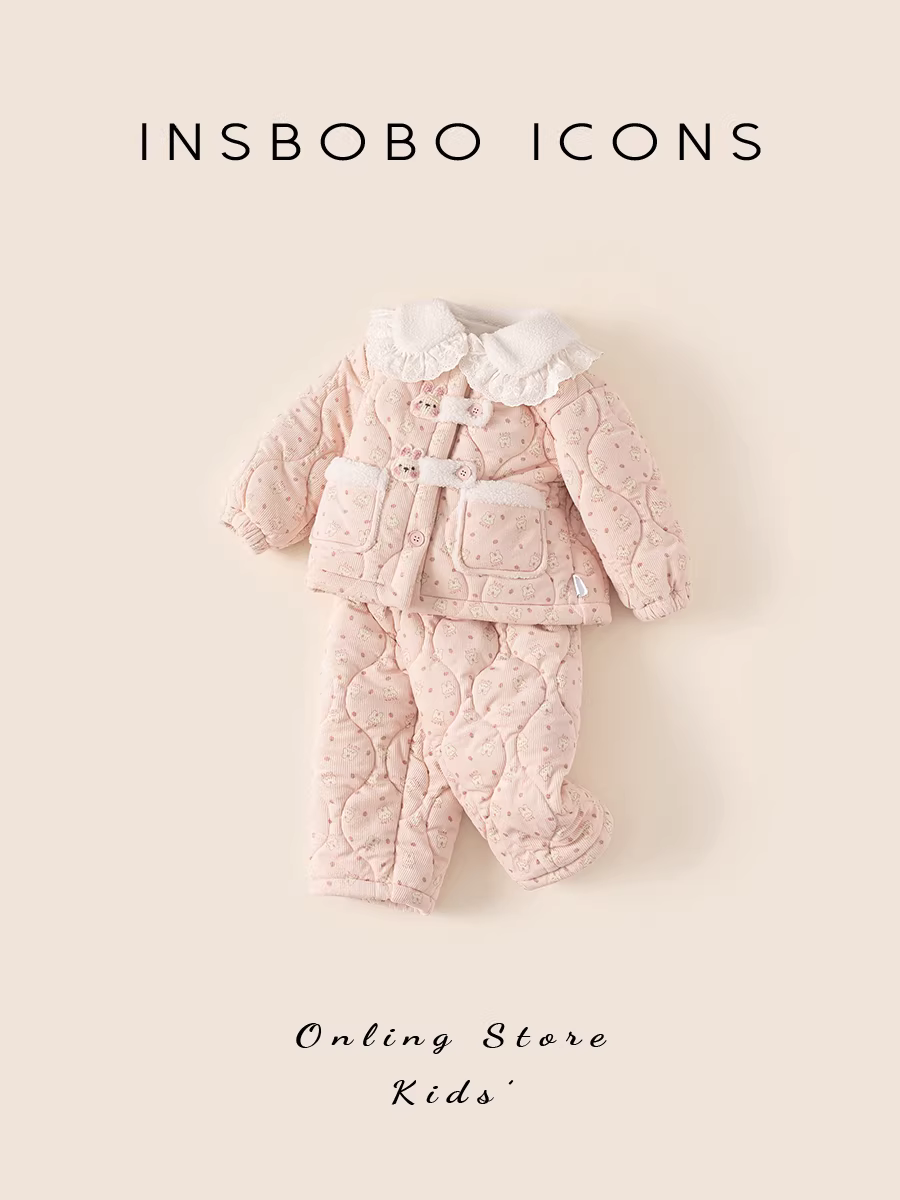 Bộ đồ ngủ bé gái INSbobo mùa đông 2025 dày dặn, đồ mặc nhà mới, quần áo mùa đông trẻ em, bộ đồ nỉ trẻ em