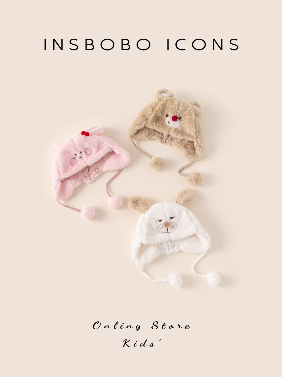 Mũ bé INSbobo 2025 kiểu mới, mũ len thời trang giữ ấm cho bé gái, mũ dày giữ tai mùa thu đông