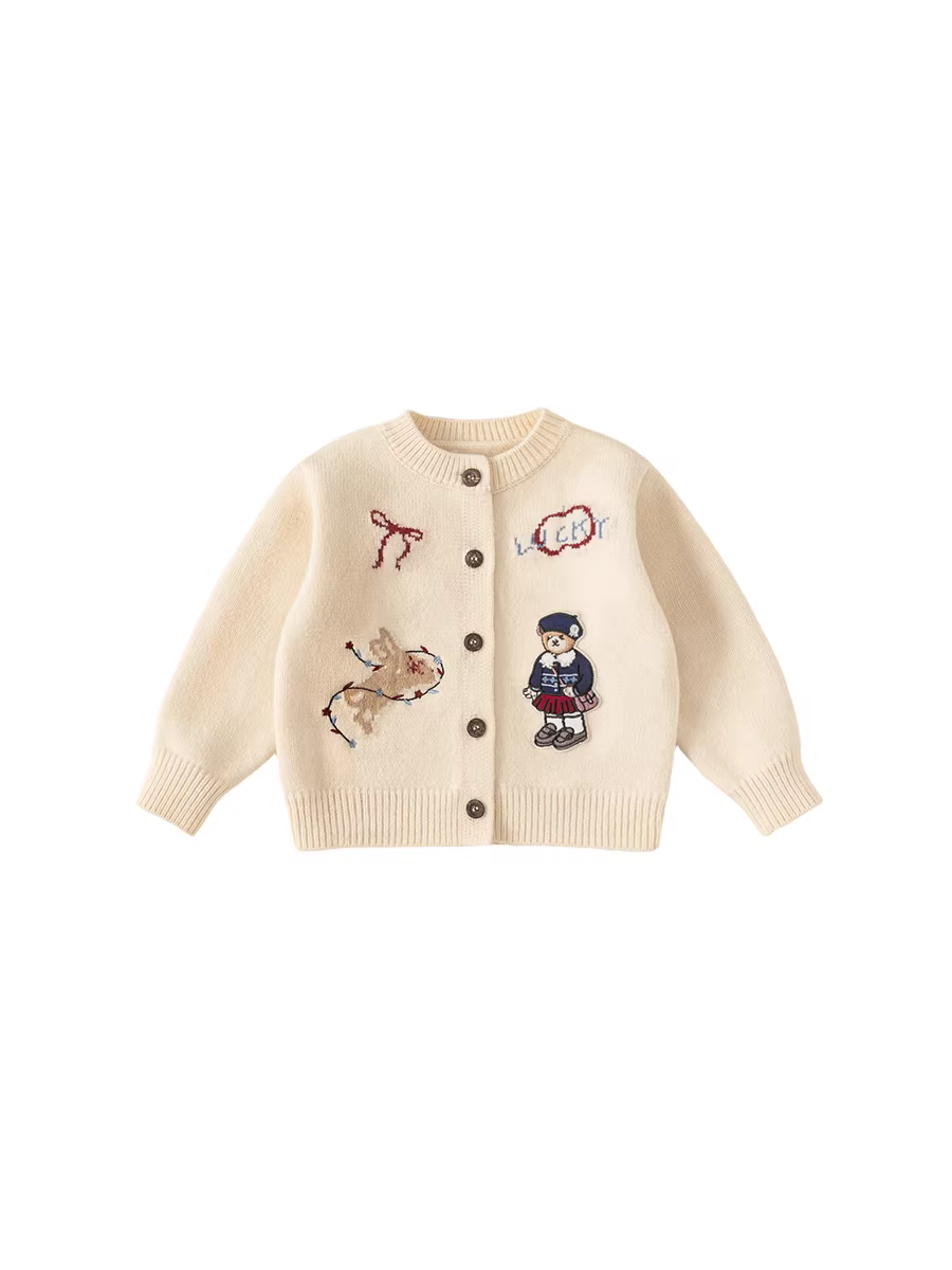 [Loạt sản phẩm Gấu bông] Áo len bé gái Mùa đông 2025 Áo len dệt kim mới cho bé Áo len len trẻ em Áo khoác len