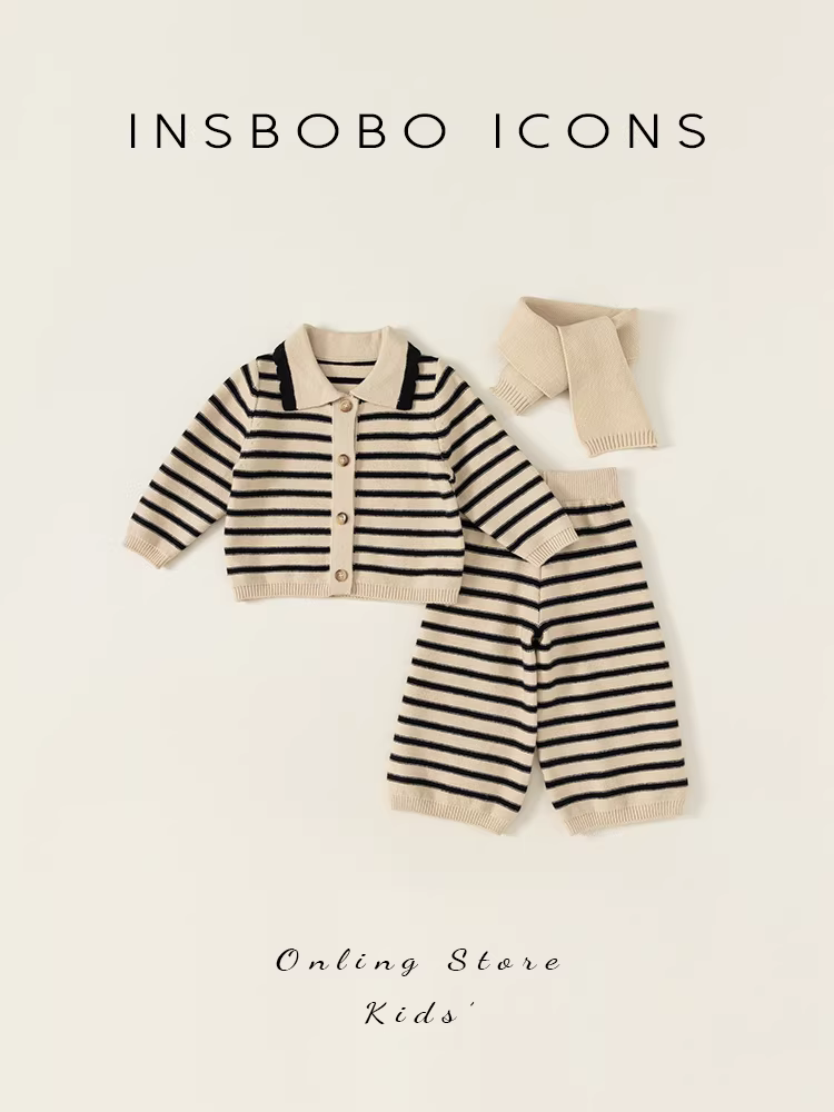 Bộ áo len thu đông bé gái 2025 kiểu dáng mới thời trang hai mảnh dệt kim sọc xu hướng thời trang mùa thu