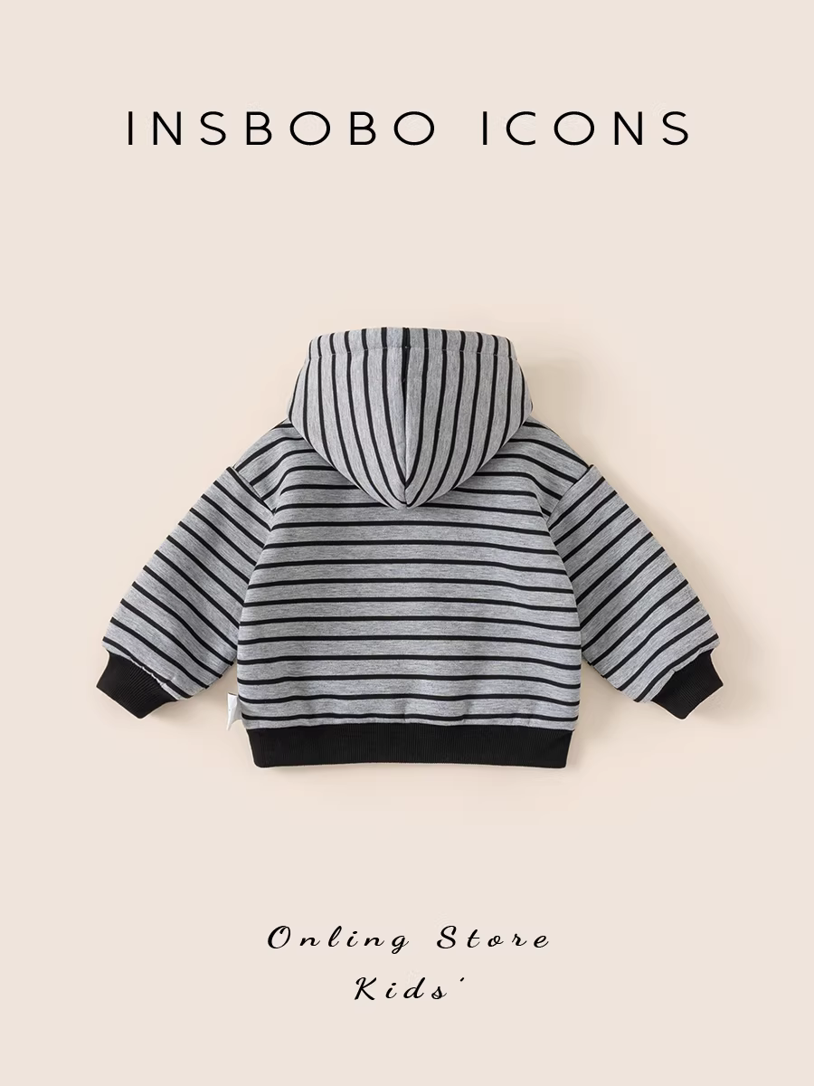 Áo len bé trai INSbobo thu đông 2025 kiểu mới, áo thun kẻ sọc lót lông cừu giữ ấm mùa đông cho trẻ em
