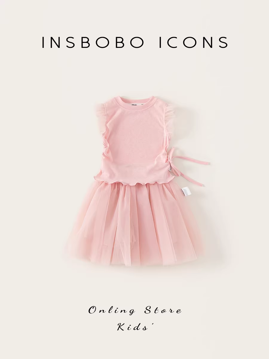 Bộ đồ bé gái INSbobo hè 2025 kiểu mới, đầm hè bé gái, chân váy lưới hai mảnh, quần áo trẻ em
