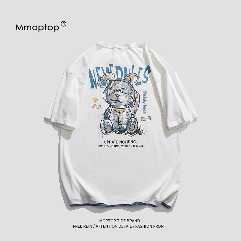 Áo thun mùa hè MMONTOP dành cho nam, tay ngắn, họa tiết graffiti hoạt hình đa năng, tay lửng, thương hiệu thời thượng, áo dáng rộng giản dị dành cho nam.