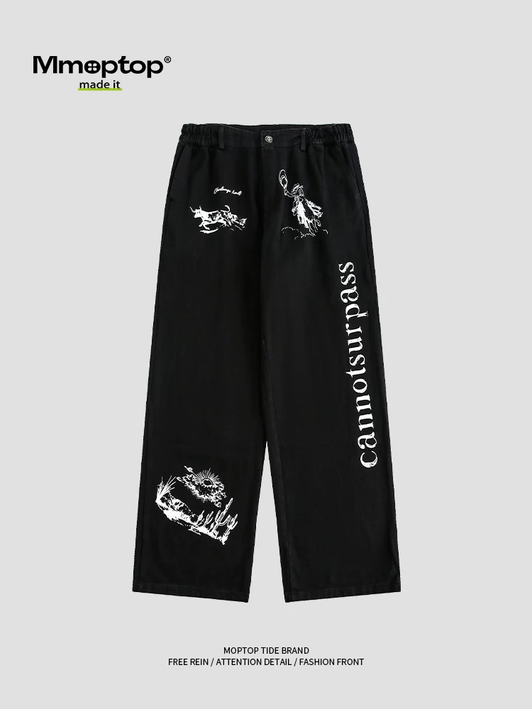 Quần đen graffiti Mmoptop dành cho nam, quần cargo ống thẳng dáng rộng mùa thu, quần dài ống rộng thoải mái, quần dài đến sàn