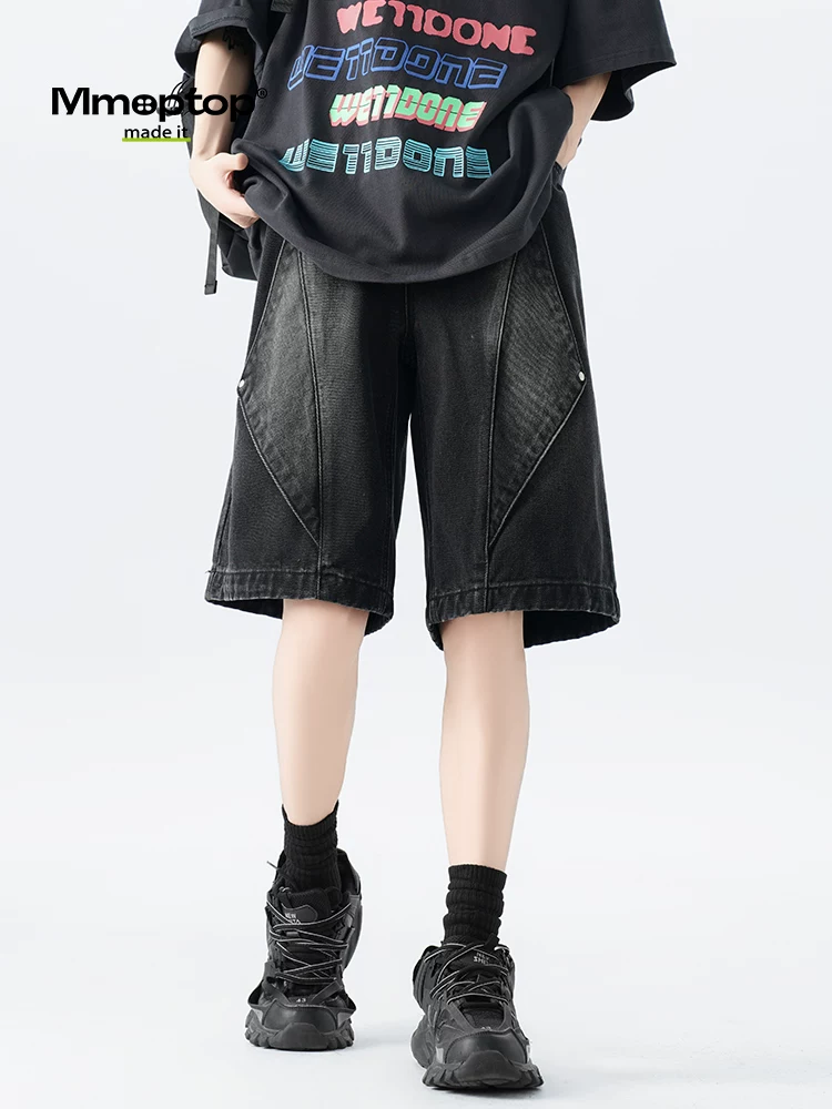 Quần short denim đã qua xử lý kiểu Mỹ Mmoptop dành cho nam, cỡ lớn mùa hè, kiểu vá cũ kỹ, quần short dài đến đầu gối dáng thẳng rộng.