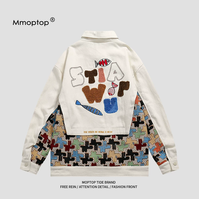 Áo khoác denim mát mẻ thêu họa tiết Mmoptop2025 Xuân/Hè dành cho nam, phong cách đường phố Mỹ, dáng rộng, áo khoác đôi, hợp thời trang