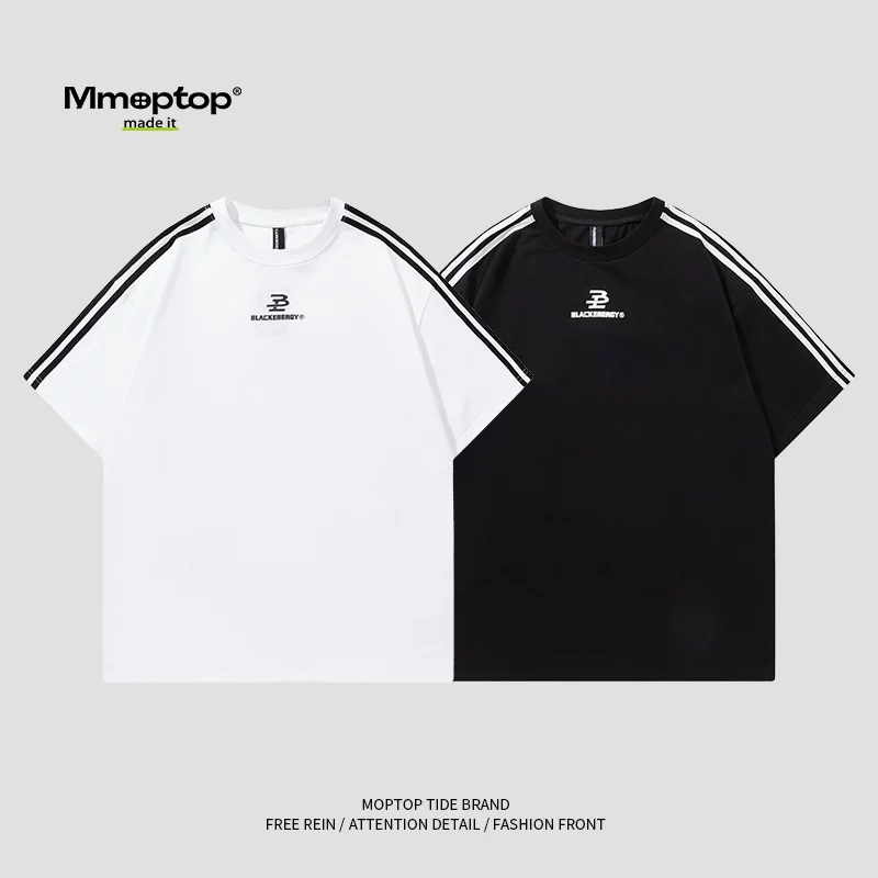 Áo thun ngắn tay sọc mùa hè Mmoptop dành cho nam, thương hiệu thời thượng, tay áo năm phần tư, phong cách đại học, trang phục cặp đôi, áo thun thể thao, dáng rộng.