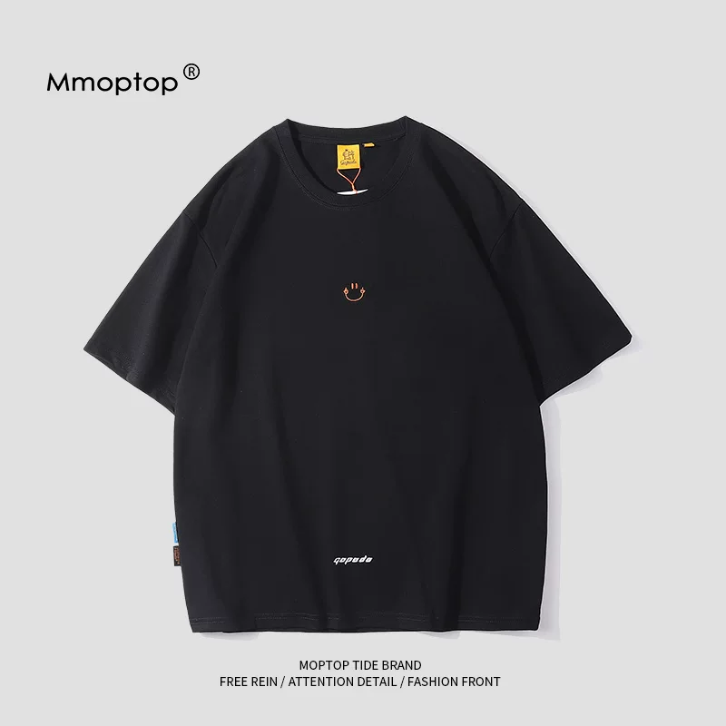 Mmoptop mùa hè cotton nguyên chất dành cho cặp đôi giản dị mặt cười ngắn tay áo thun nam dáng rộng đa năng phong cách retro nặng thời trang nam xu hướng thời trang