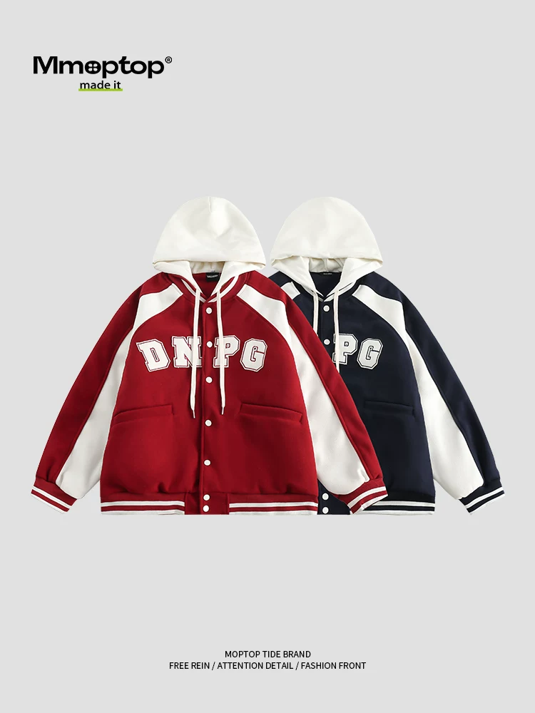 Mmoptop phong cách Mỹ hợp thời trang thương hiệu thêu chữ áo khoác có mũ trùm đầu áo khoác cotton nam dáng rộng mùa đông áo khoác bóng chày áo khoác cotton nam