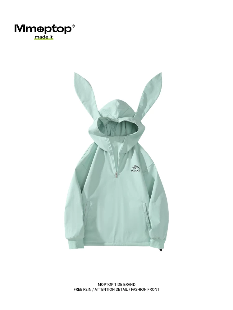 Áo khoác có mũ tai thỏ của cặp đôi Mmoptop, áo khoác cotton dày dặn ấm áp mùa đông, áo khoác trượt tuyết nam.