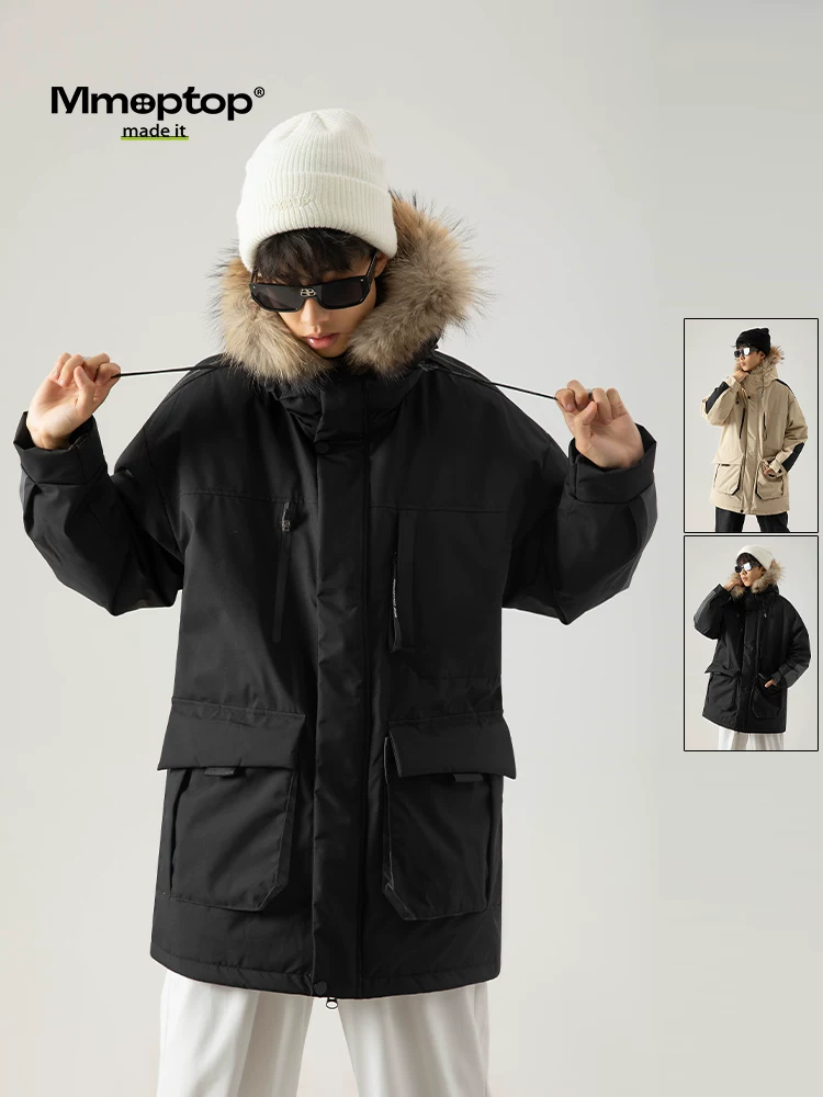 Áo khoác mùa đông đa năng Mmoptop, chất liệu cotton, kiểu dáng thường ngày, dài trung bình, có mũ trùm đầu và cổ lông dành cho nam