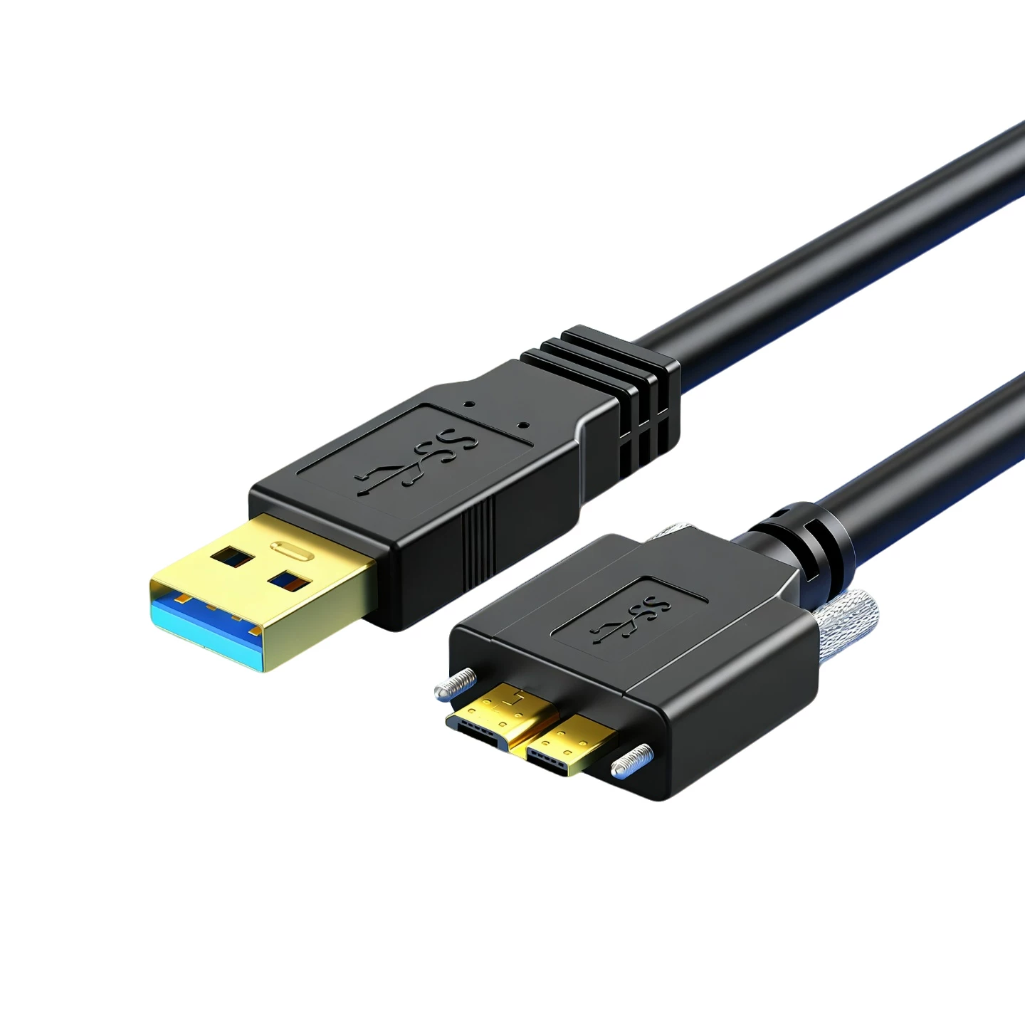 Cáp dữ liệu camera công nghiệp góc vuông USB3.0 sang Micro B, cáp kết nối ổ cứng di động có khóa vít, góc nghiêng 90 độ, cáp dữ liệu mở rộng tốc độ cao 5Gbps với các khúc cua lên-xuống-trái-phải.