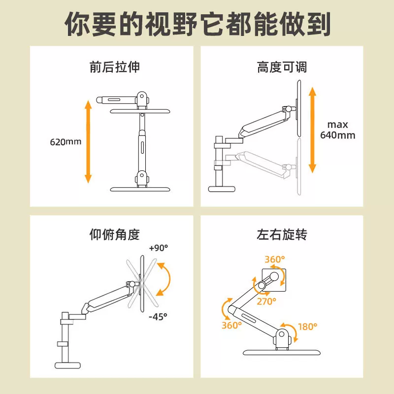 Thích hợp cho màn hình Xiaomi 34/ 43inch có màn hình hình cá, tay treo chống rung bằng áp suất khí, xoay bằng ống lồng và chân đế có thể điều chỉnh độ cao 60cm.