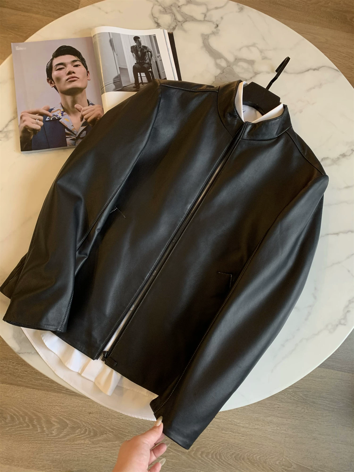 Don Quixote đã nhập khẩu da cừu! Áo khoác da nam cổ đứng da cao cấp phong cách doanh nhân mùa thu hợp thời trang