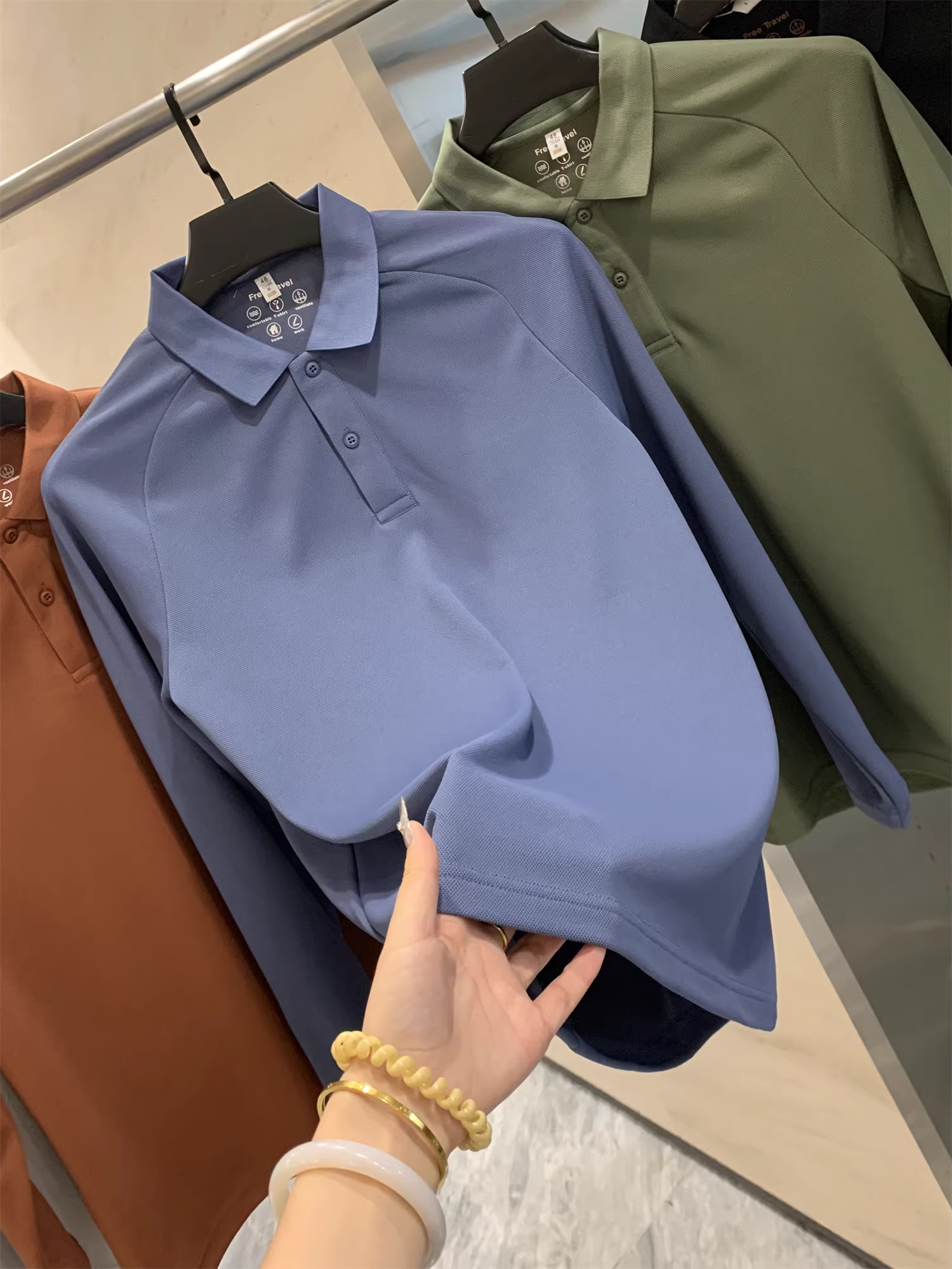 Don Quixote Giải trí ngoài trời! Thiết kế 3D! Áo Polo nam tay dài màu trơn chất liệu thun co giãn cao, thích hợp cho mùa xuân và mùa thu