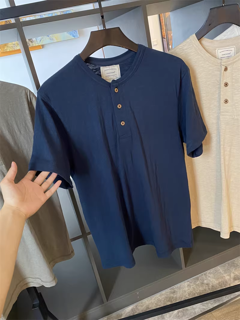 Vải pha cotton-linen Don Quixote! Vải dệt trơn bằng tre thoáng khí và thân thiện với da! Áo thun nam cổ henley tay ngắn mùa hè