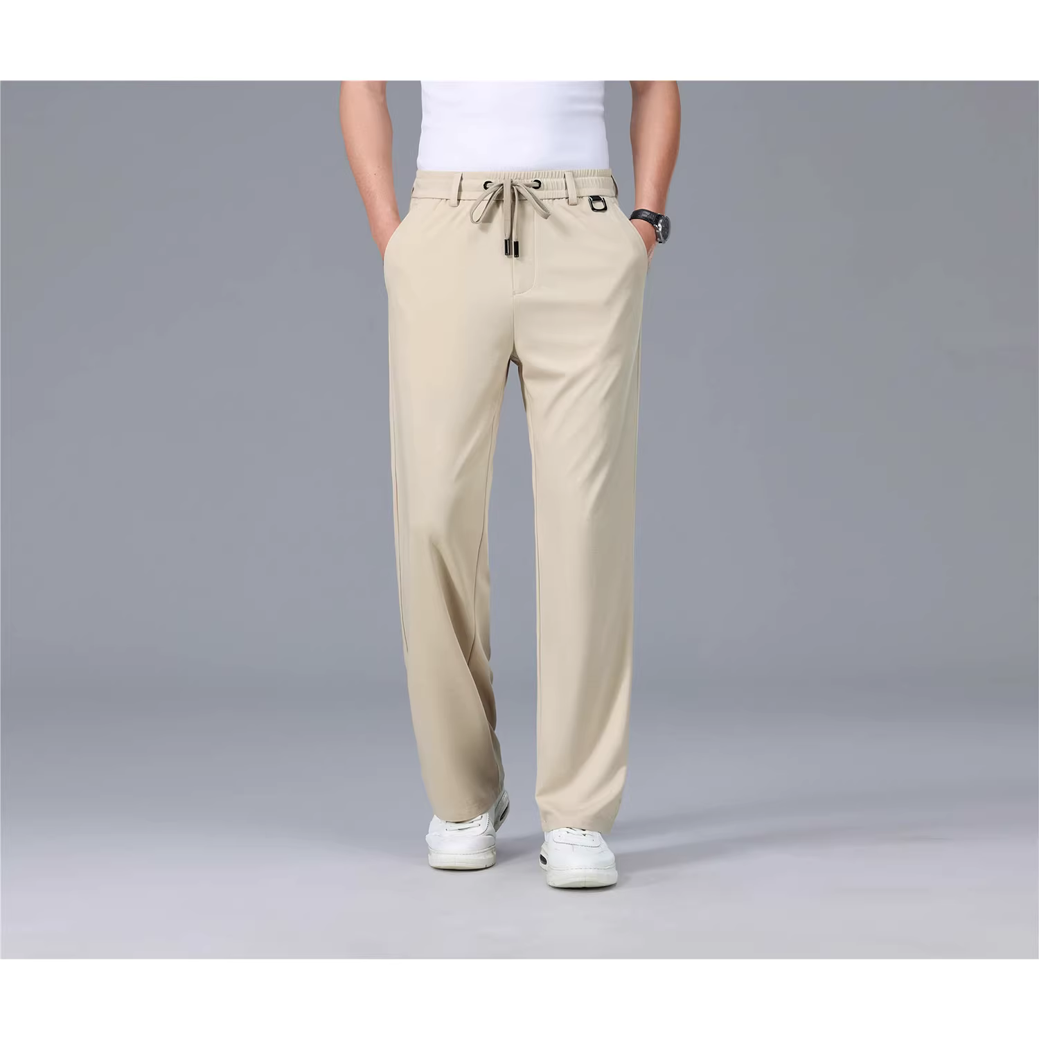 Don Quixote Cool Silk! Quần âu thẳng ống, chất liệu thoáng mát, nhẹ nhàng, thích hợp cho mùa hè, có lưng thun và dây rút dành cho nam.