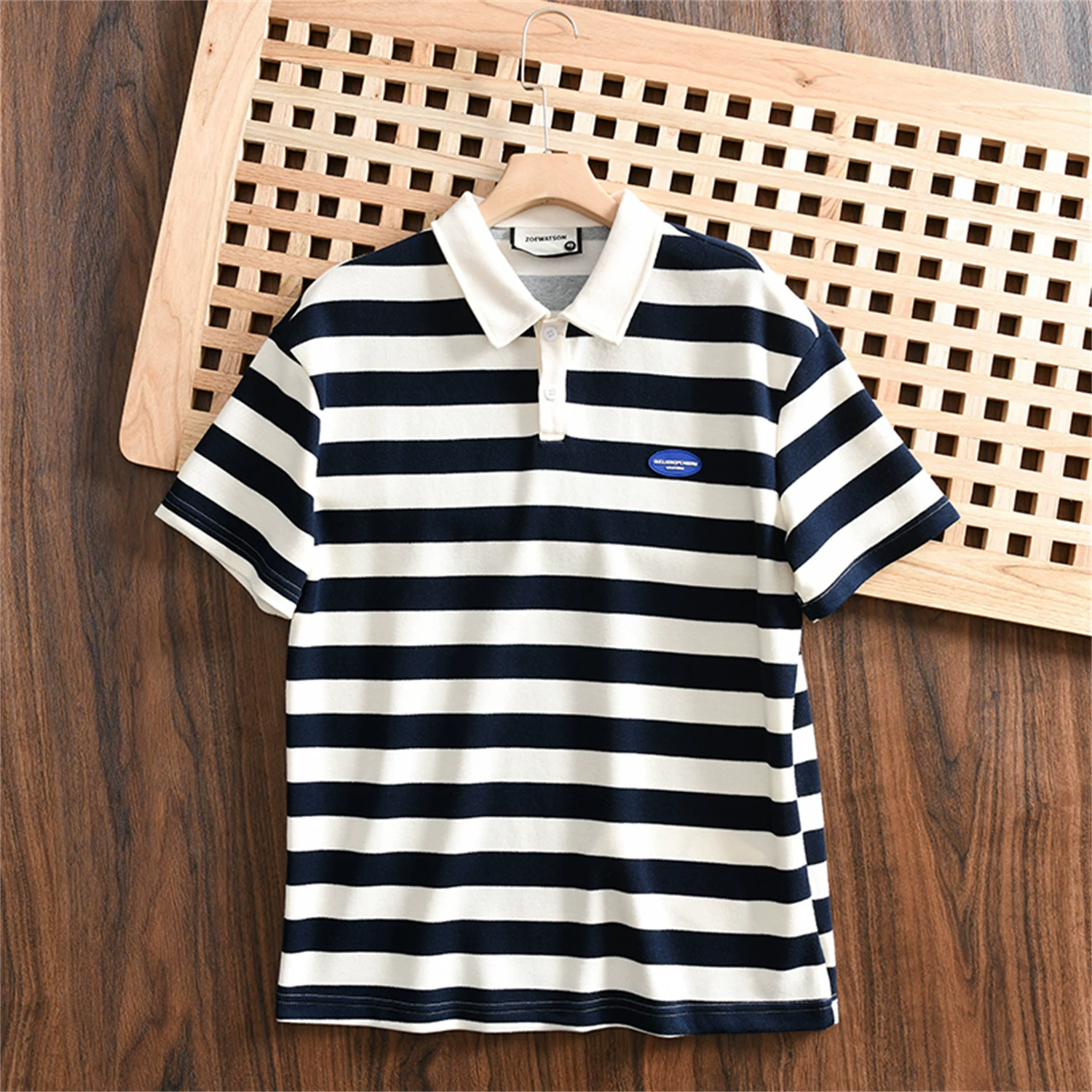 Don Quixote phong cách tối giản Nhật Bản! 250g cotton pique! Áo sơ mi POLO ngắn tay, dáng rộng, sọc, đa năng, thời trang dành cho nam