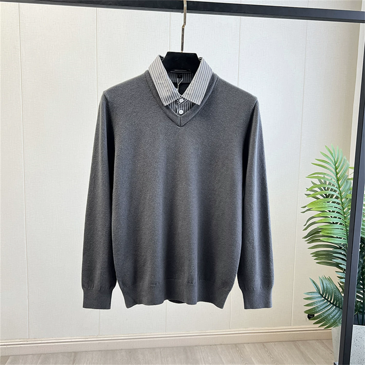 Áo len pha len Don Quixote! Áo len nam phối lông cừu giả hai lớp cổ áo sơ mi mùa thu đông thời trang