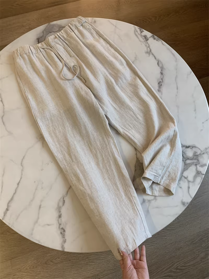 Don Quixote, cảm giác của mùa hè! 100% vải lanh! Quần vải lanh dáng thẳng lưng thun co giãn mùa hè dành cho nam.