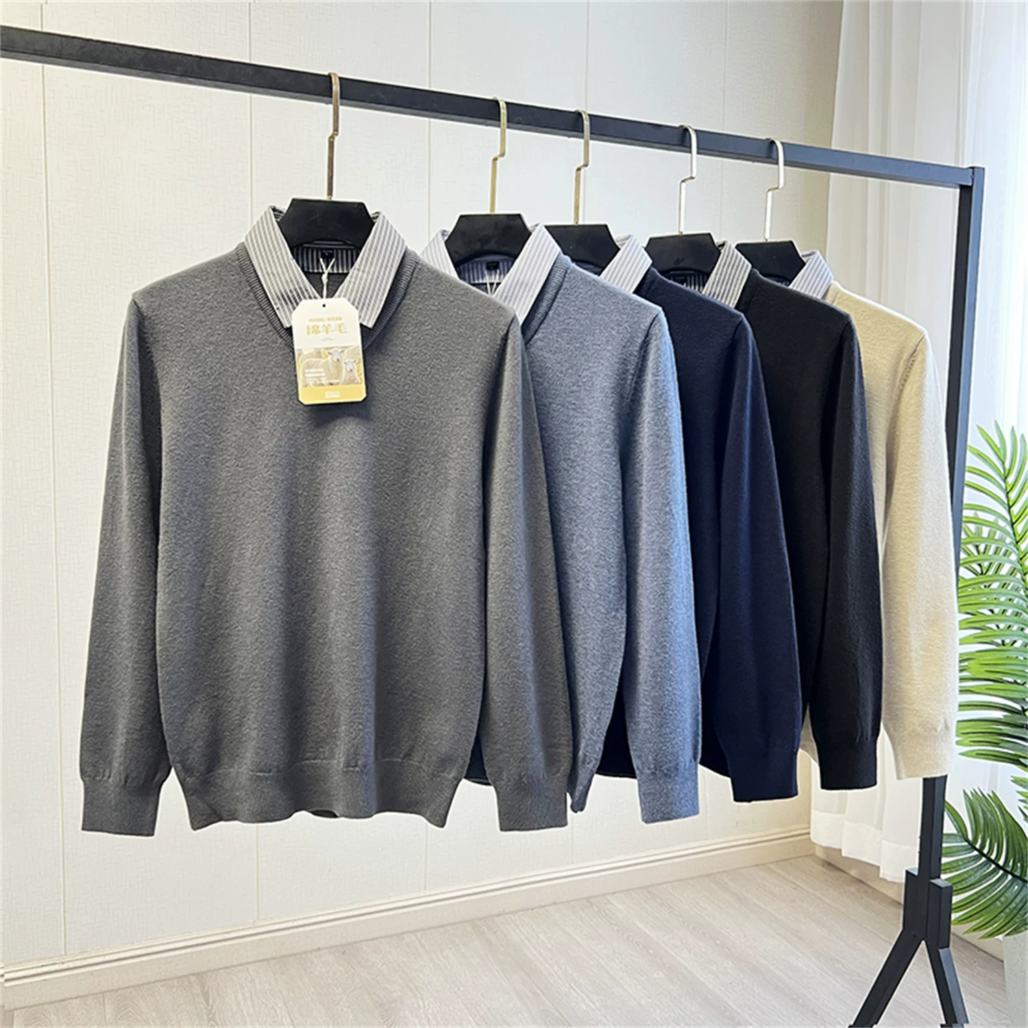 Áo len pha len Don Quixote! Áo len nam phối lông cừu giả hai lớp cổ áo sơ mi mùa thu đông thời trang