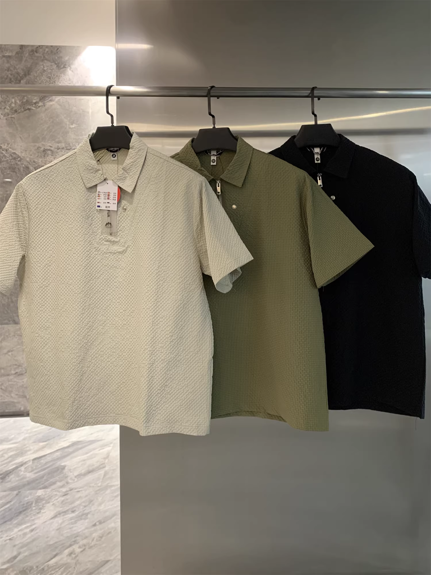 Kết cấu vải gạc bong bóng 3D Don Quixote! Áo sơ mi POLO ngắn tay nửa khóa kéo đa năng mùa hè cao cấp dành cho nam và nữ