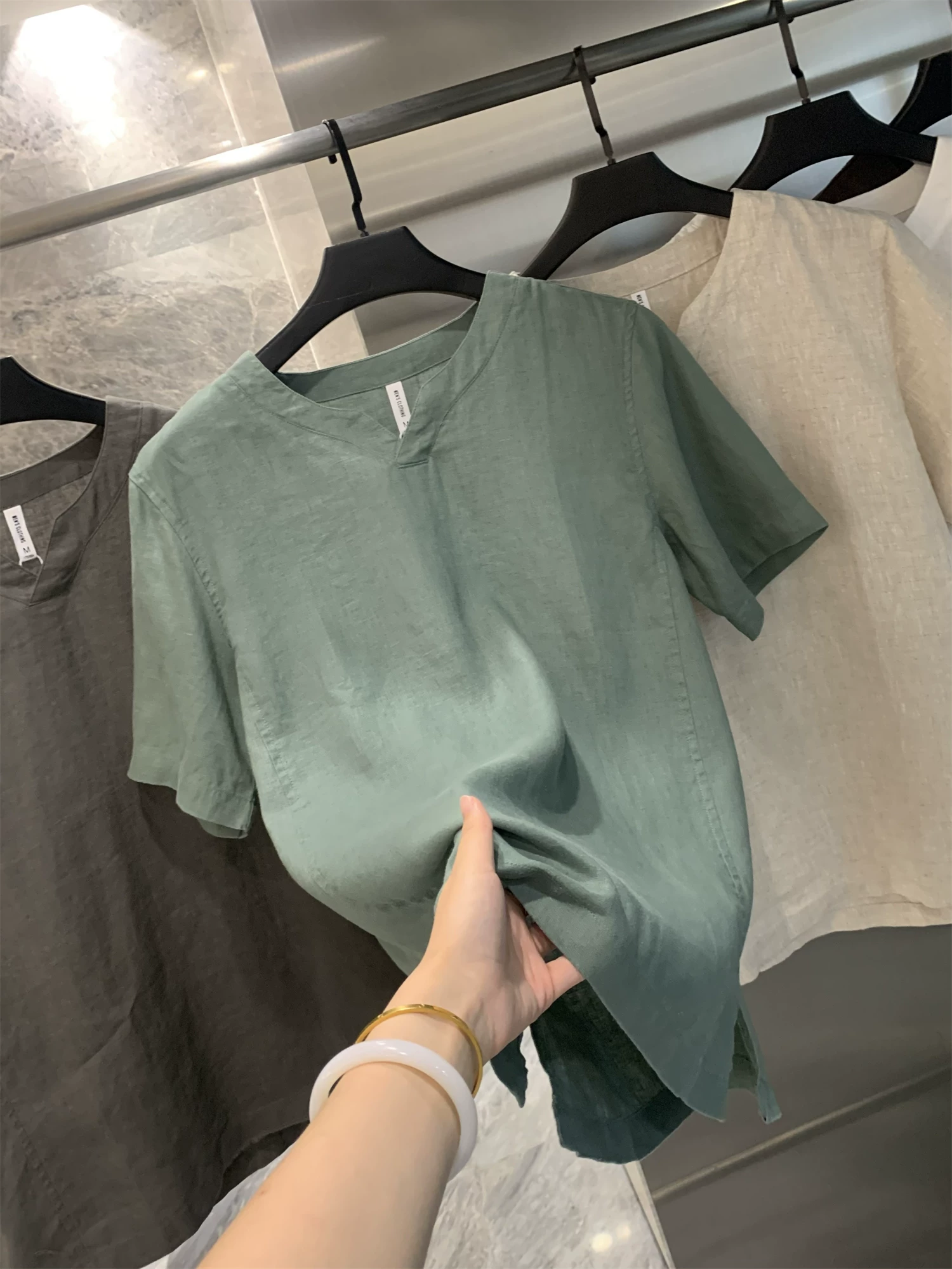 Áo thun nam cổ V nhỏ, chất liệu 100% lanh, kiểu dáng Trung Hoa, thoáng mát, rộng rãi, thoải mái, mùa hè.