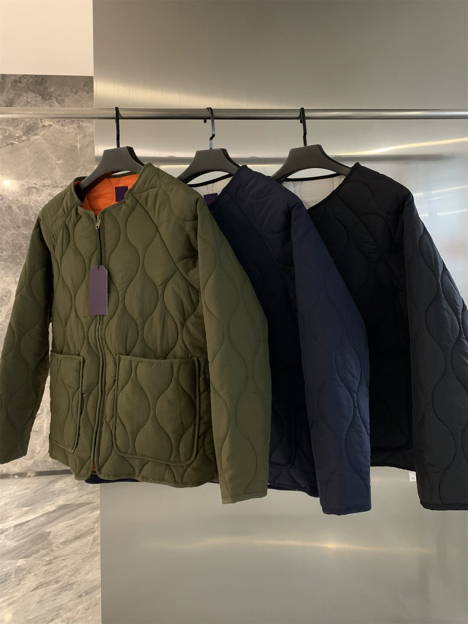 Don Quixote theo phong cách Nhật Bản! Áo khoác cotton không cổ kiểu dáng cổ điển hình quả bầu phong cách mùa thu đông.