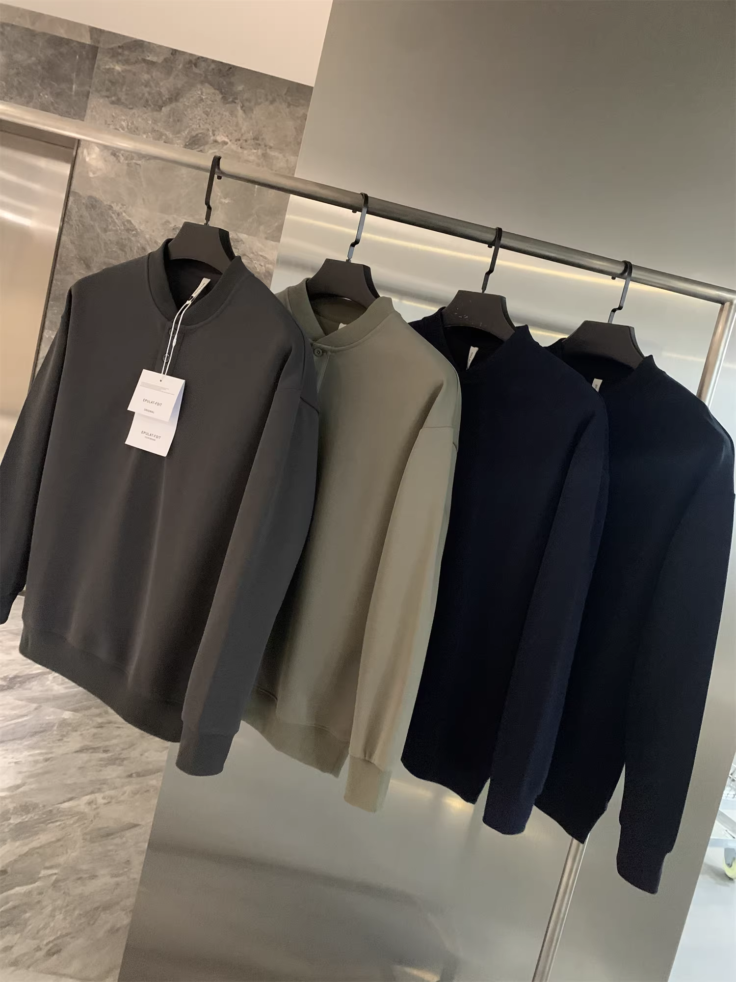 Don Quixote phong cách retro Mỹ! Cổ áo Henry cổ điển! Áo nỉ nam thời trang đa năng màu trơn mùa thu