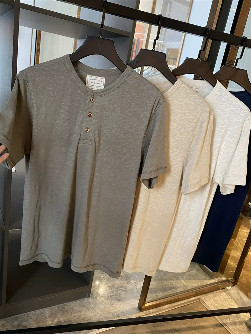 Vải pha cotton-linen Don Quixote! Vải dệt trơn bằng tre thoáng khí và thân thiện với da! Áo thun nam cổ henley tay ngắn mùa hè