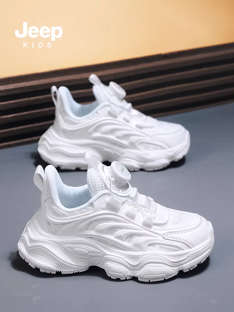 Giày thể thao trẻ em Jeep dành cho bé trai và bé gái, mẫu mùa xuân và mùa thu màu trắng, mẫu mới mùa thu 2024, giày trắng cỡ vừa và lớn dành cho trẻ em để chạy bộ