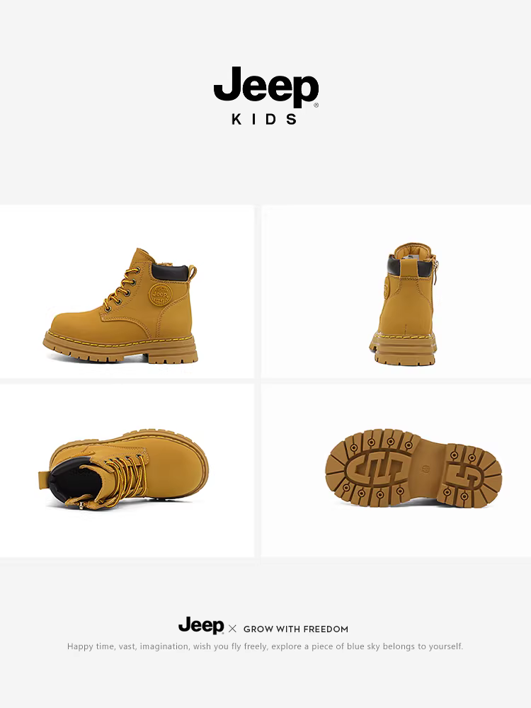 Giày đi bộ đường dài màu vàng cho bé trai Jeep Giày bốt Martin trẻ em mùa đông 2025 kiểu dáng mới Giày bốt cotton lót lông cừu Giày bốt da bé gái