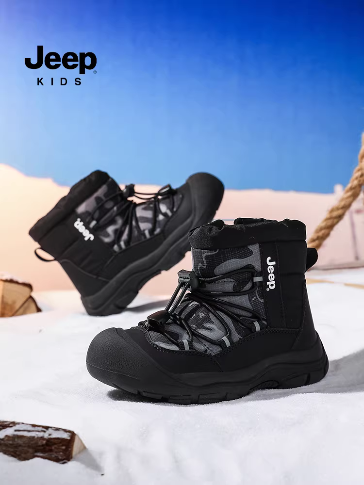 Giày bốt giữ ấm chống thấm nước cho bé trai Jeep, kiểu mới mùa đông 2025, lót lông cừu, giày bông cỡ lớn dành cho bé trai vùng Đông Bắc