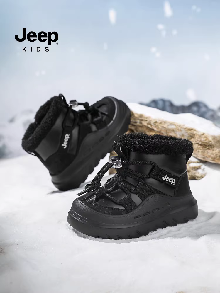 Giày bốt tuyết cho bé trai Jeep màu đen, kiểu đông bắc, chất liệu cotton, kiểu mới 2025, lót lông cừu, giày bốt cotton cho bé, giày cotton cỡ lớn cho trẻ em