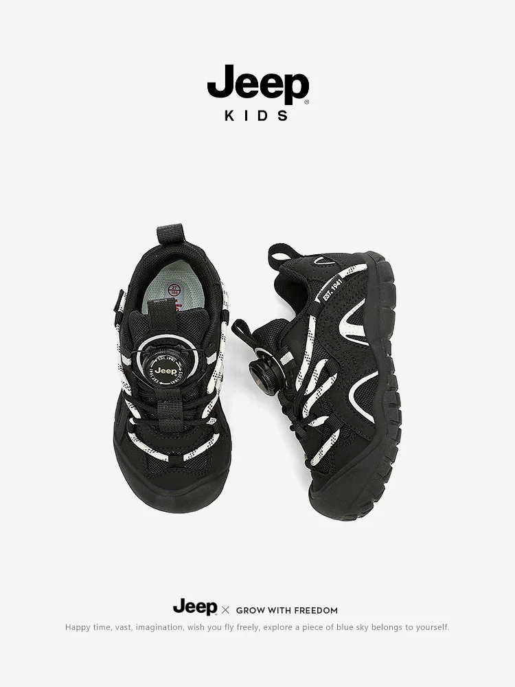 Giày thể thao trẻ em Jeep đế mềm chống trơn mùa thu 2025 kiểu mới khóa xoay lưới đi bộ ngoài trời dành cho bé trai