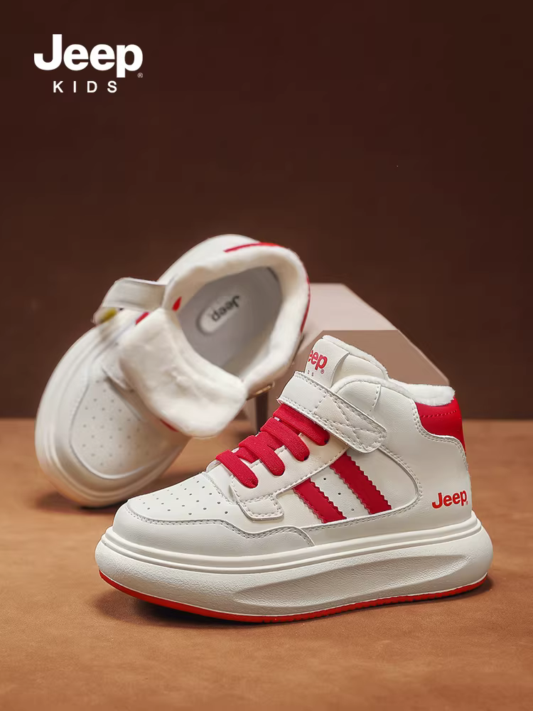 Giày Tết trẻ em Jeep, giày thể thao trắng cho bé trai và bé gái, giày thể thao cổ cao da mới mùa xuân 2025, giày cotton đôi.