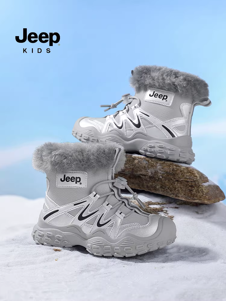 Giày bốt cotton cho bé trai Jeep màu đen, lót lông cừu, tích hợp da và lông thú, giữ ấm, đi tuyết, mùa đông 2025, giày cotton cỡ lớn mới cho trẻ em