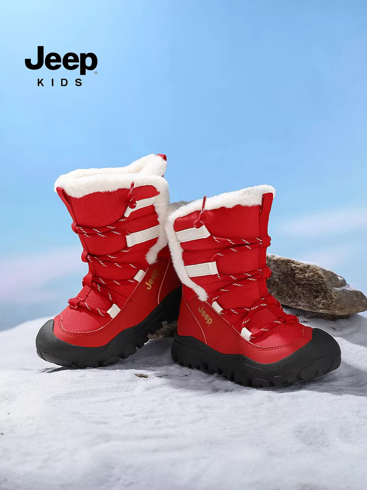 Giày bốt đi tuyết dành cho bé gái Jeep, màu đỏ tươi, phiên bản giới hạn Năm Kỷ Ngựa, giày cotton Đông Bắc, giày cotton cỡ lớn lót lông cừu và dày dặn dành cho trẻ em mùa đông.