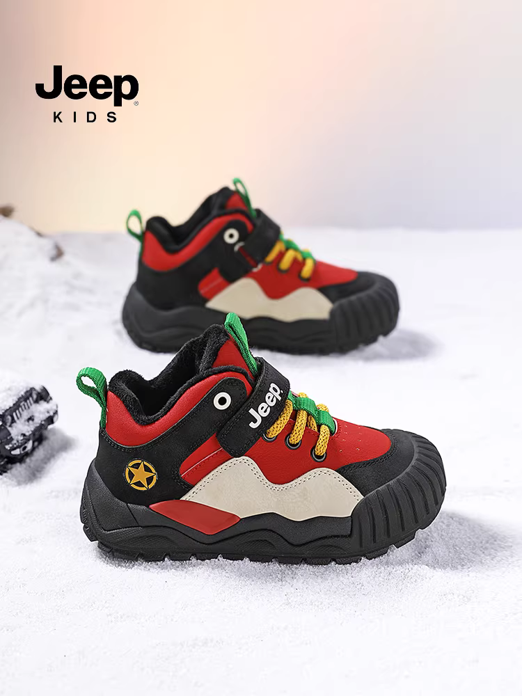 Giày trẻ em Jeep Giày thể thao lót lông màu đỏ năm mới 2025 Giày cotton dày mới mùa đông dành cho bé trai và bé gái
