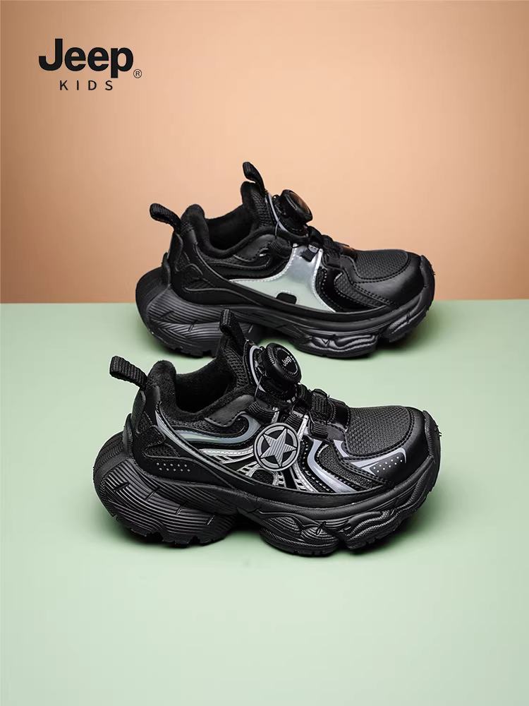 Giày trẻ em Jeep màu đen kiểu bố mùa thu đông, giày bông nhẹ, cài nút, dành cho bé gái, mẫu mới 2025, giày thể thao lông mềm cho bé trai