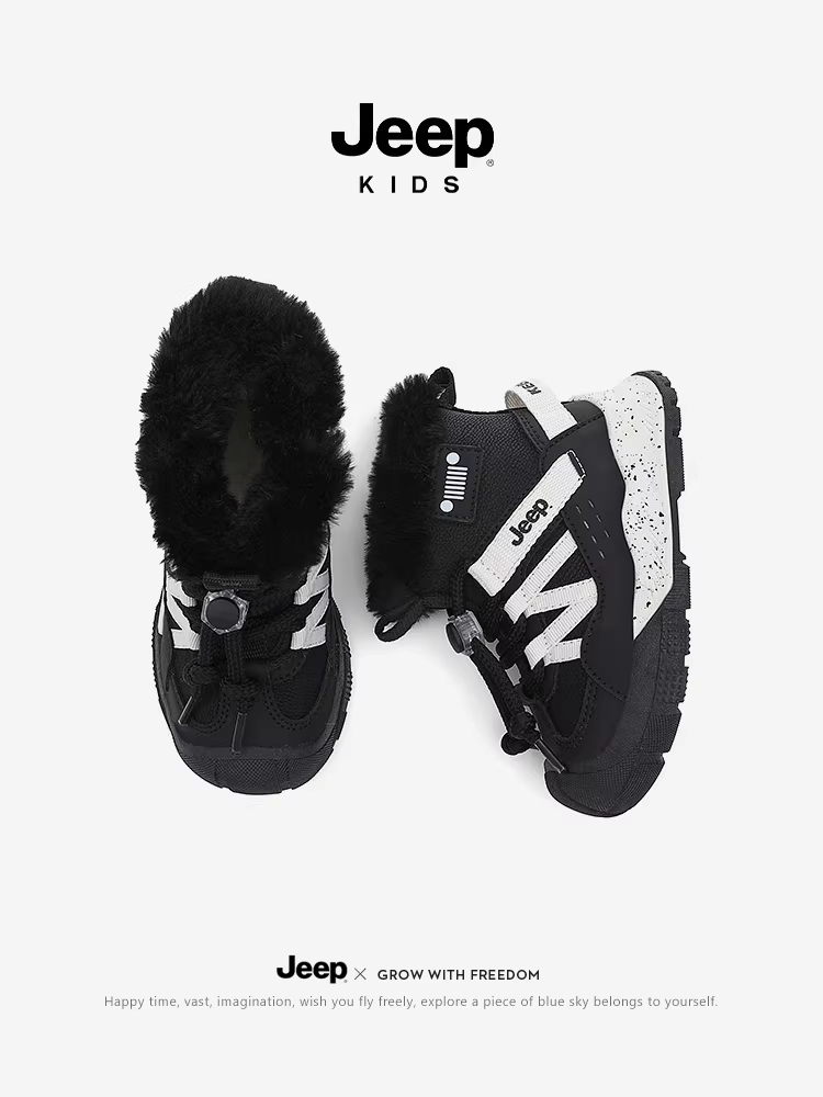 Giày bốt trẻ em Jeep chất liệu cotton giữ ấm mùa đông, lót lông cừu, chống trơn trượt, kiểu dáng mới 2025, chất liệu da, giày bông cỡ lớn dành cho bé trai