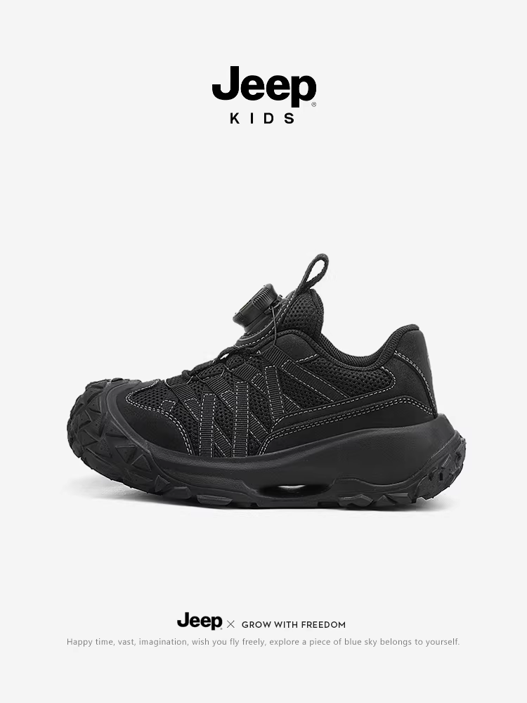 Giày thể thao trẻ em Jeep mùa xuân 2025, màu đen, nhẹ, kiểu dáng giày bố cho bé gái, thoáng khí, giày cài nút cho bé trai