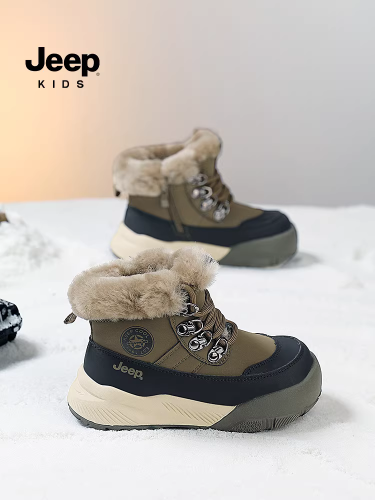 Giày đi tuyết lót lông cừu dành cho trẻ em của Jeep Giày mùa đông chống trượt không thấm nước Giày lông thú Giày cotton mùa đông dày cho bé gái Giày ấm áp cho bé trai