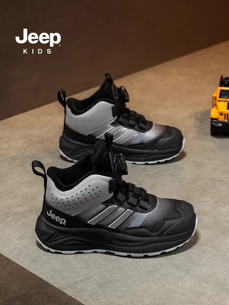 Giày thể thao trẻ em Jeep có lớp lót lông cừu giữ ấm, giày cotton hai lớp cho bé trai, giày da cao cổ mùa đông 2025 mới dành cho bé trai.