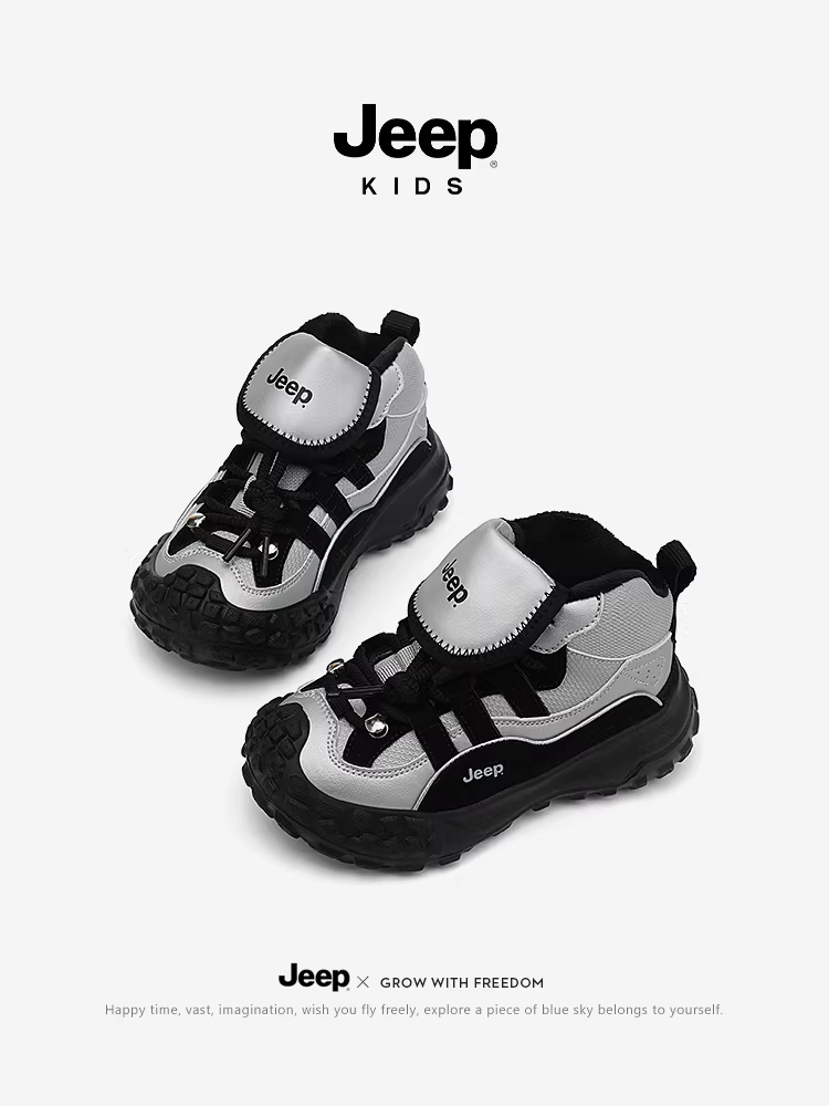 Giày trẻ em Jeep, giày cotton dày dặn giữ ấm lót lông cừu cho bé trai và bé gái, giày thể thao cổ cao mùa đông mới 2025