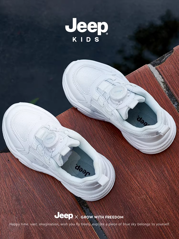 Giày trẻ em Jeep cho bé trai và bé gái, giày thể thao, mẫu xuân thu, giày chạy bộ trẻ em màu trắng mới mùa thu 2024 có khóa cài.