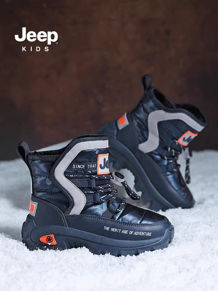 Giày bốt tuyết trẻ em Jeep mùa đông lót lông cừu dày, giày bông dày 2025 mới dành cho bé trai và bé gái, giày lông mềm
