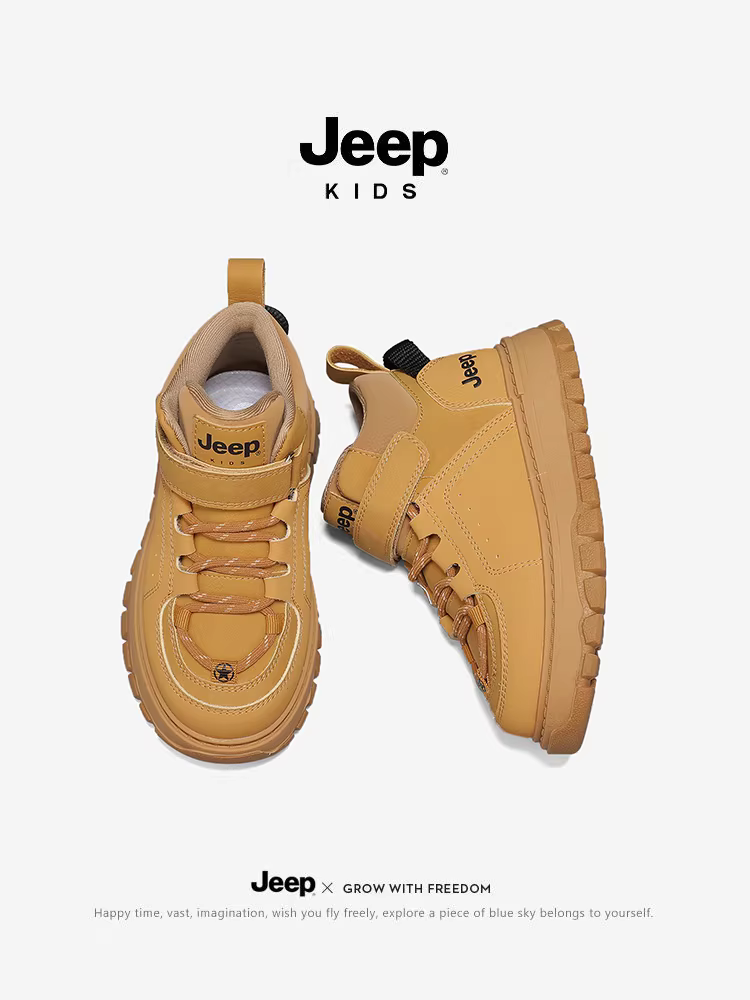 Giày cao cổ lót lông màu nâu cho trẻ em Jeep mùa đông 2025 kiểu mới giày thể thao bé trai và bé gái giày cotton đôi bé gái
